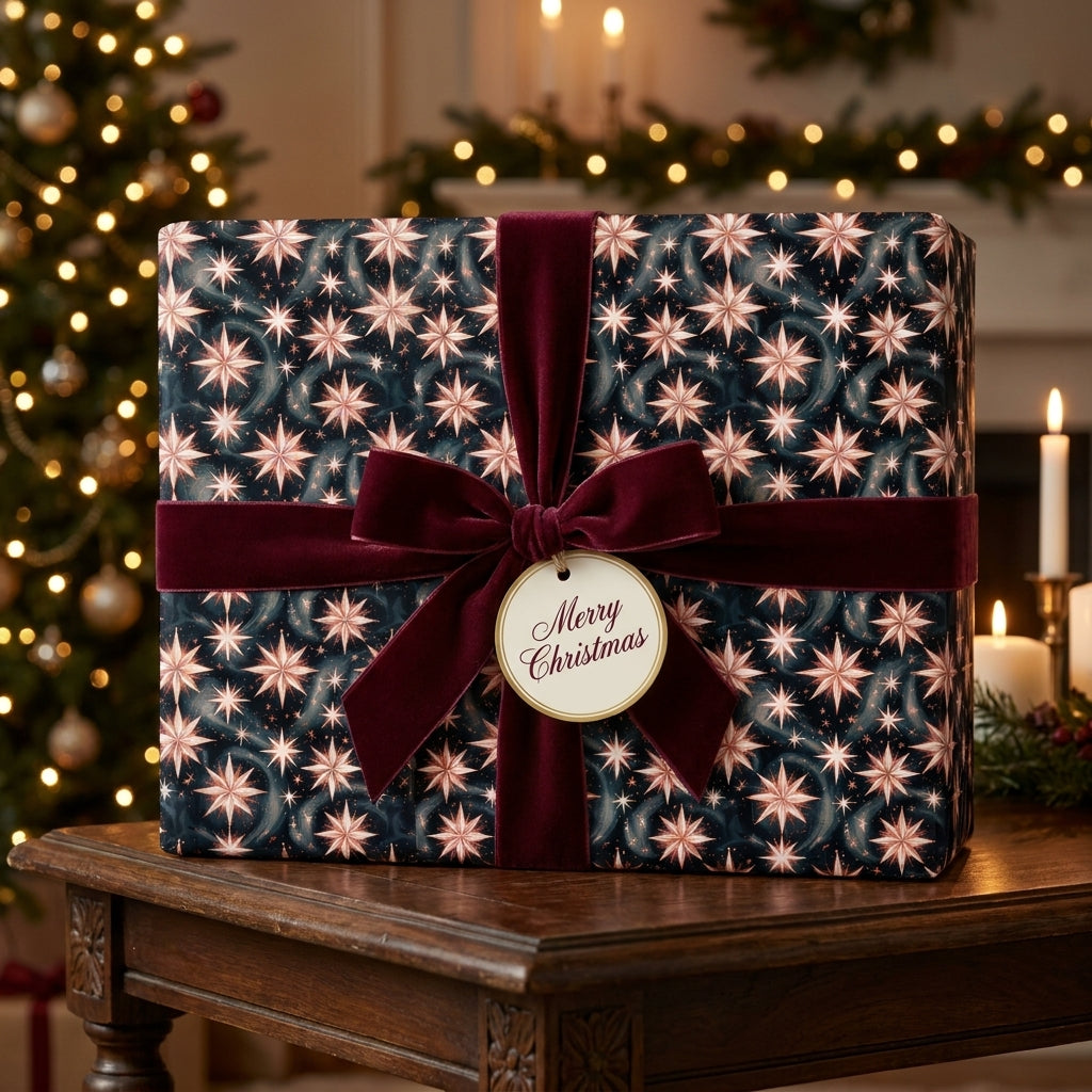 Starry celestial Christmas gift wrap with a luxury burgundy velvet bow by Wrapped Studios.