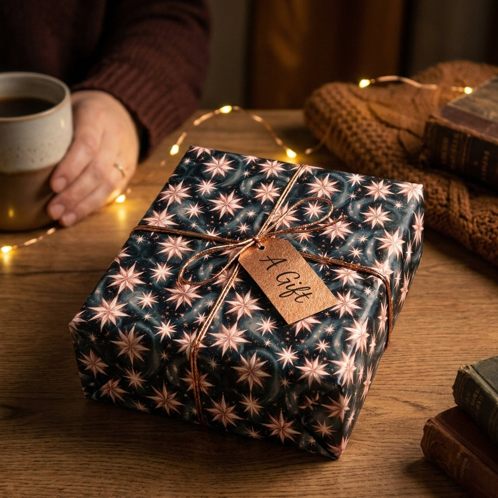 Starry celestial wrapping paper in navy and rose gold on a cozy Christmas gift by Wrapped Studios.