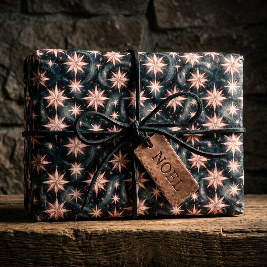 Luxury celestial holiday gift wrap with rose gold stars, leather bow, and Noel tag by Wrapped Studios.
