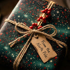 Starry green Christmas gift wrap with twine bow, red berries, and North Pole tag by Wrapped Studios.
