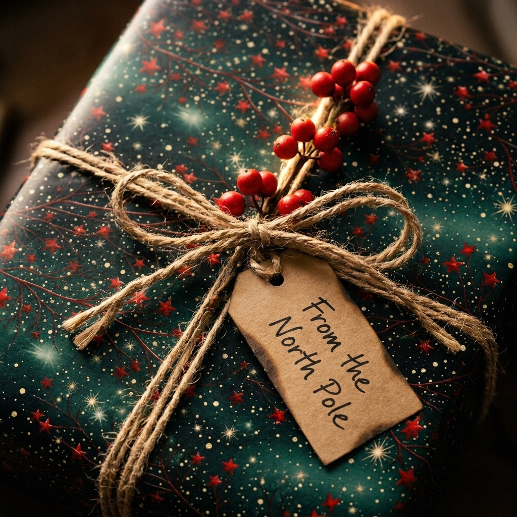 Starry green Christmas gift wrap with twine bow, red berries, and North Pole tag by Wrapped Studios.
