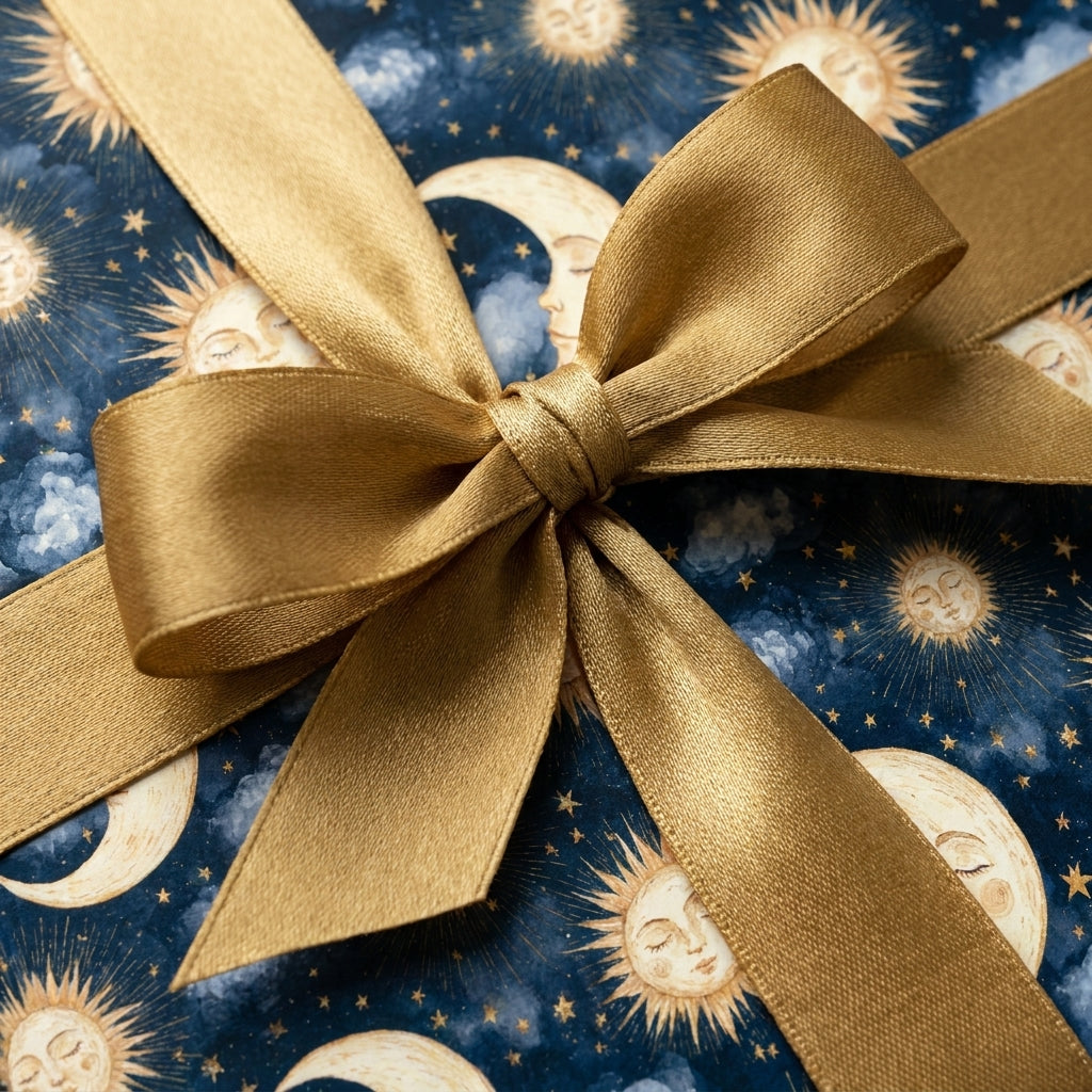 Celestial wrapping paper with a luxury sun and moon pattern and gold satin bow by Wrapped Studios.