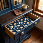 Celestial wrapping paper with vintage sun and moon pattern used as drawer liner by Wrapped Studios.