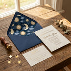 Celestial wedding invitation suite with sun and moon envelope liner by Wrapped Studios.