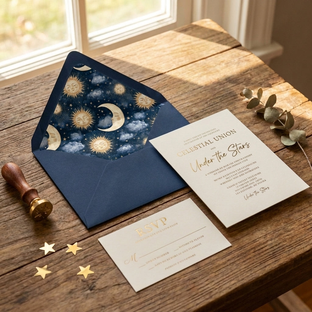 Celestial wedding invitation suite with sun and moon envelope liner by Wrapped Studios.