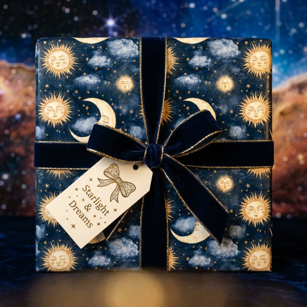 Luxury celestial wrapping paper with gold sun and moon patterns and a navy velvet bow, by Wrapped Studios.