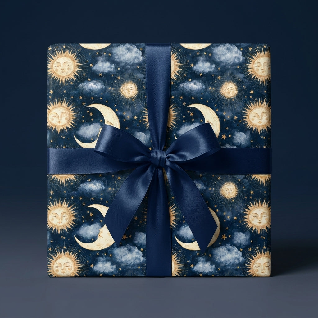 Celestial wrapping paper with a gold sun and moon pattern and navy satin ribbon by Wrapped Studios.