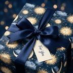 Celestial sun and moon luxury gift wrap with a navy satin bow and "For You" tag by Wrapped Studios.