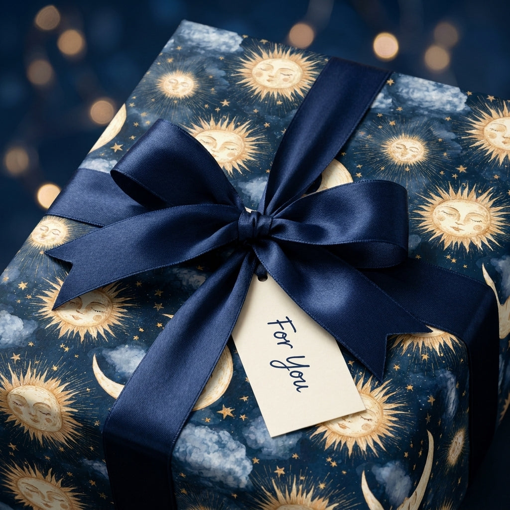 Celestial sun and moon luxury gift wrap with a navy satin bow and "For You" tag by Wrapped Studios.