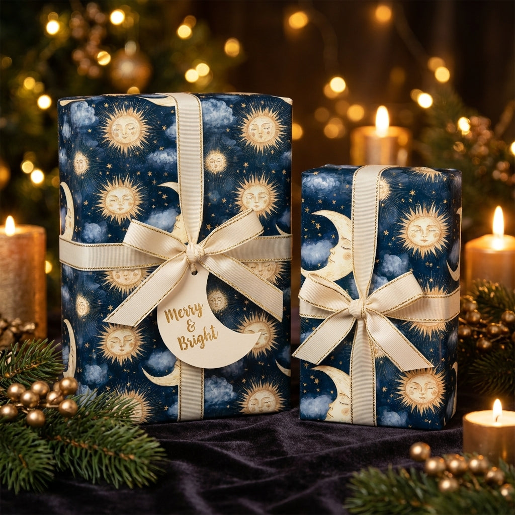 Luxury celestial Christmas gift wrap with gold sun & moon designs and cream ribbons by Wrapped Studios.
