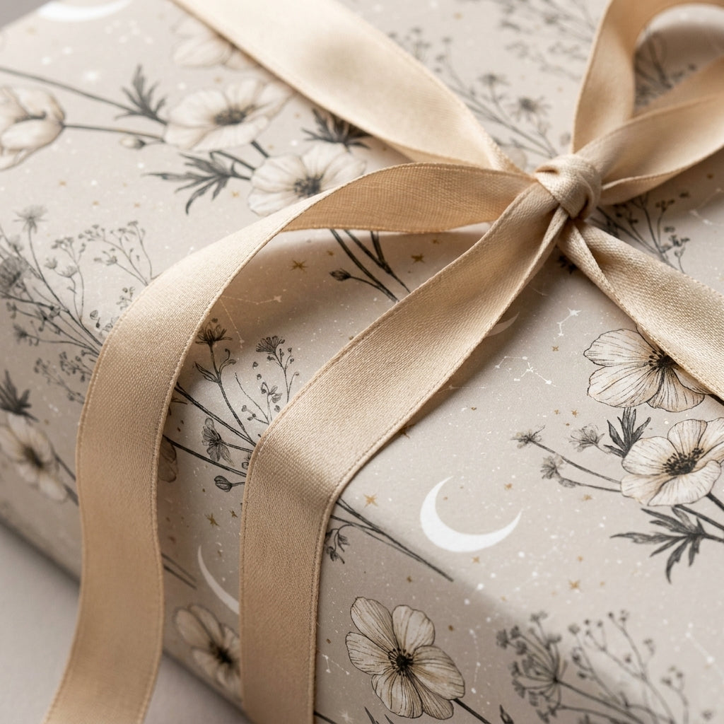 Celestial floral wrapping paper with moons, stars, and a cream satin ribbon by Wrapped Studios.