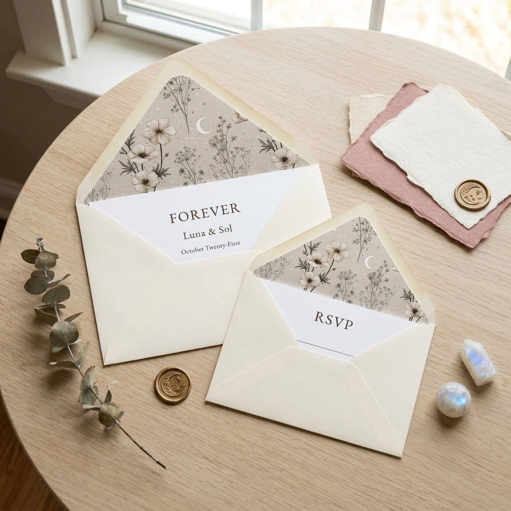 Boho celestial floral wedding invitation suite with custom envelope liners by Wrapped Studios.