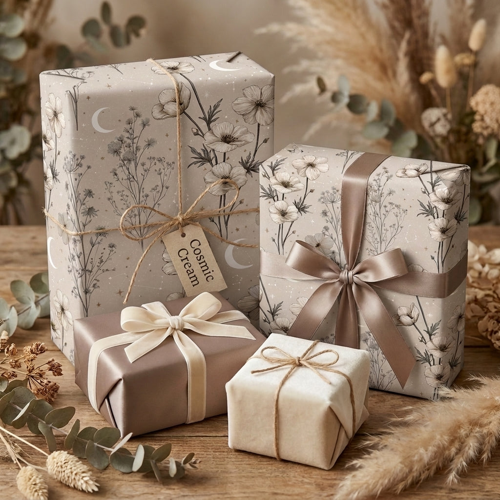 Celestial floral wrapping paper on luxury cream gift boxes with satin ribbon, by Wrapped Studios.