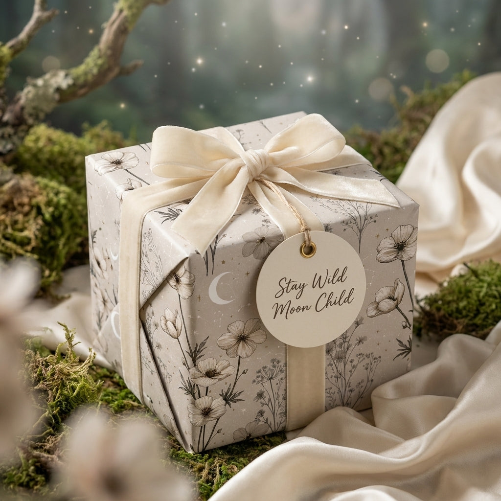 Celestial floral wrapping paper with cream velvet bow and "Moon Child" tag by Wrapped Studios.