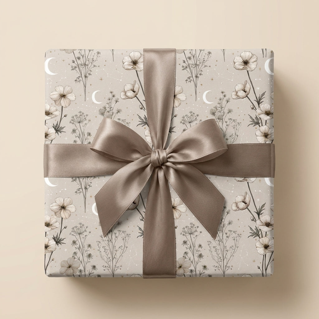 Elegant celestial floral wrapping paper by Wrapped Studios, featuring crescent moons and a taupe satin bow.