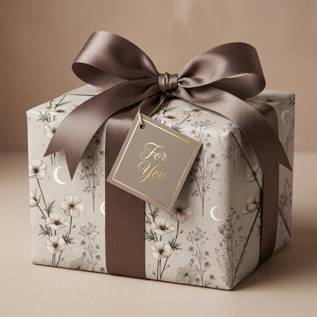 Luxury floral wrapping paper with celestial moons and a brown satin bow, by Wrapped Studios.