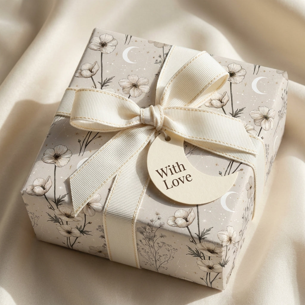 Luxury celestial floral wrapping paper with a cream ribbon and moon tag by Wrapped Studios.