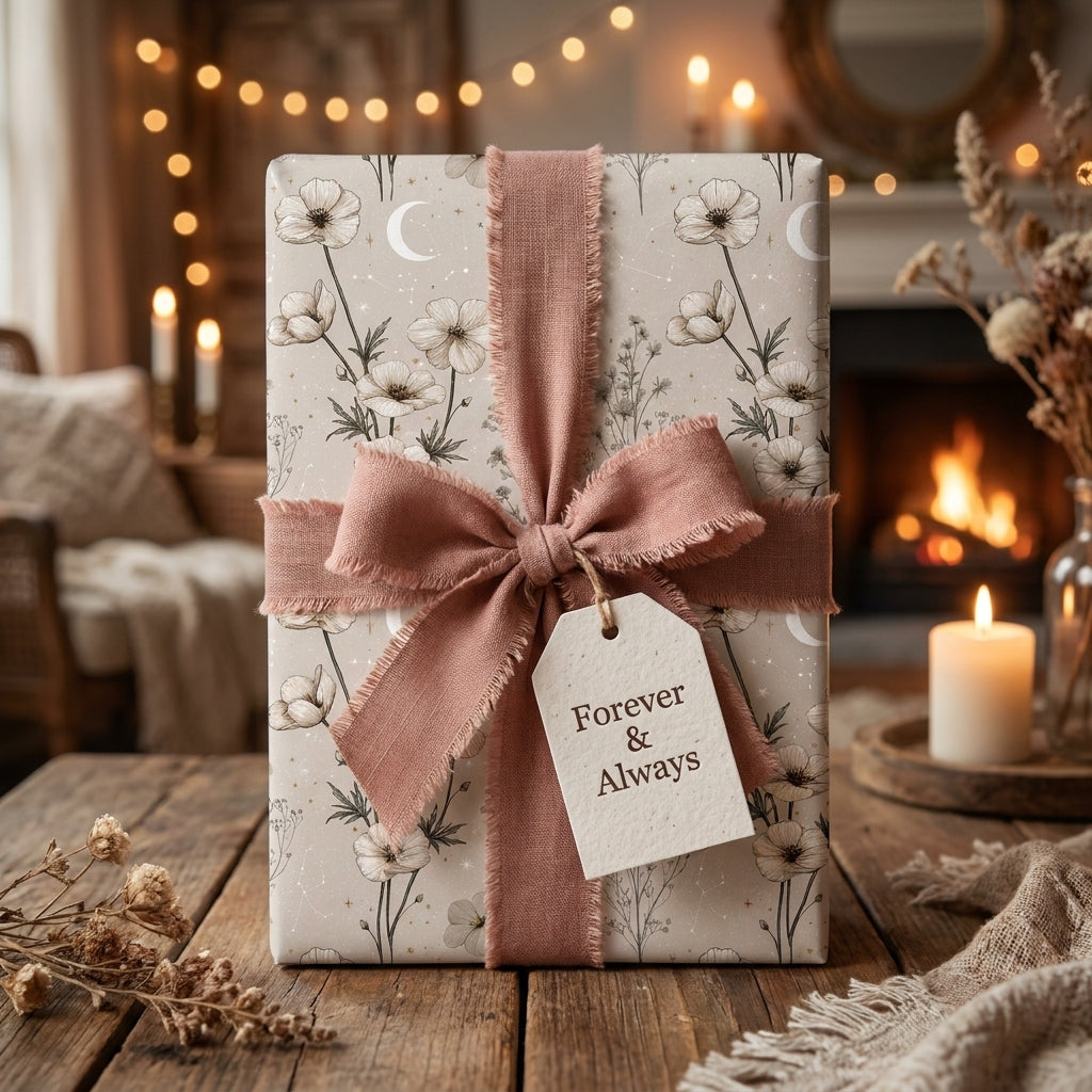 Elegant celestial floral wrapping paper with a dusty rose bow and wedding gift tag by Wrapped Studios.