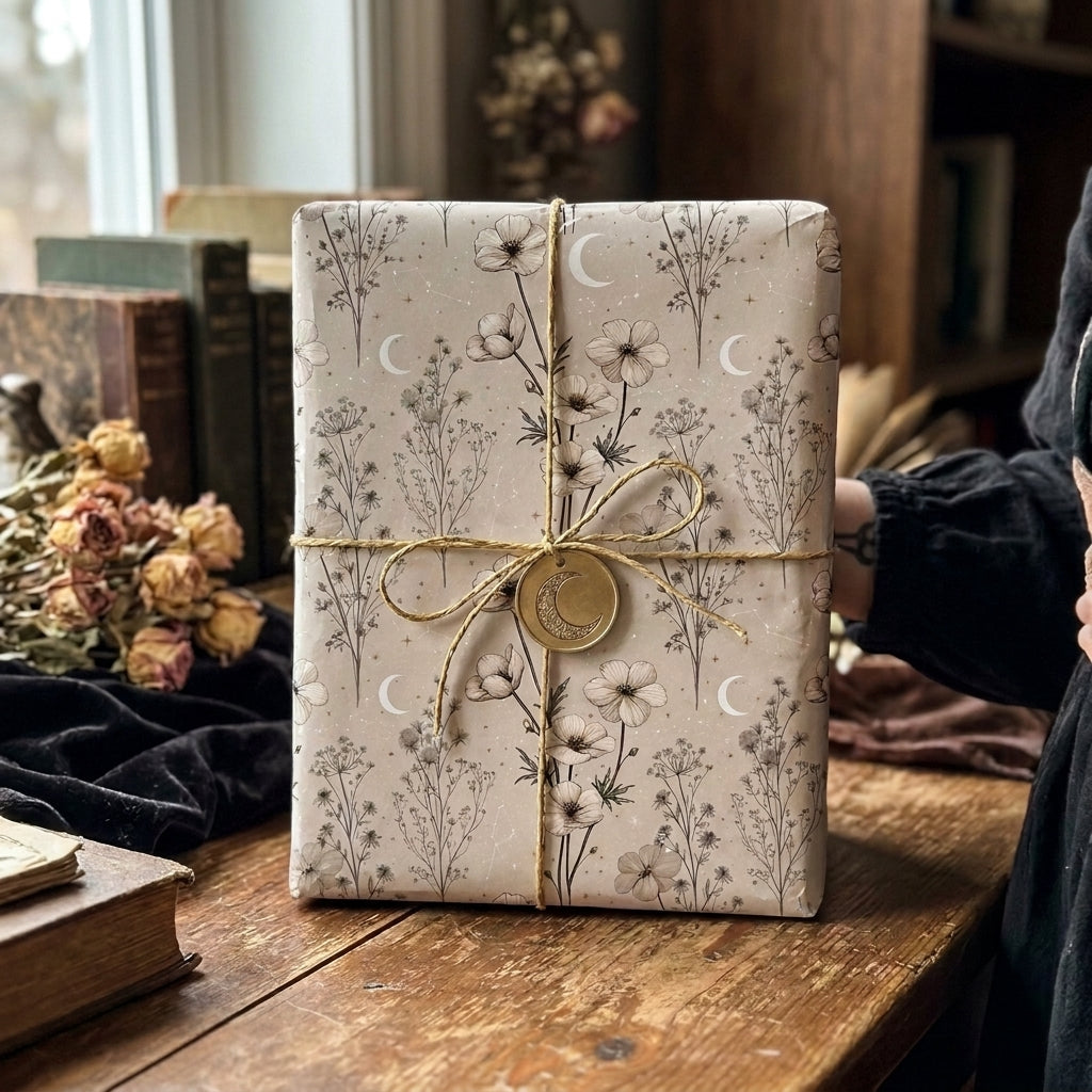 Vintage celestial wrapping paper with botanical wildflowers and crescent moons by Wrapped Studios.