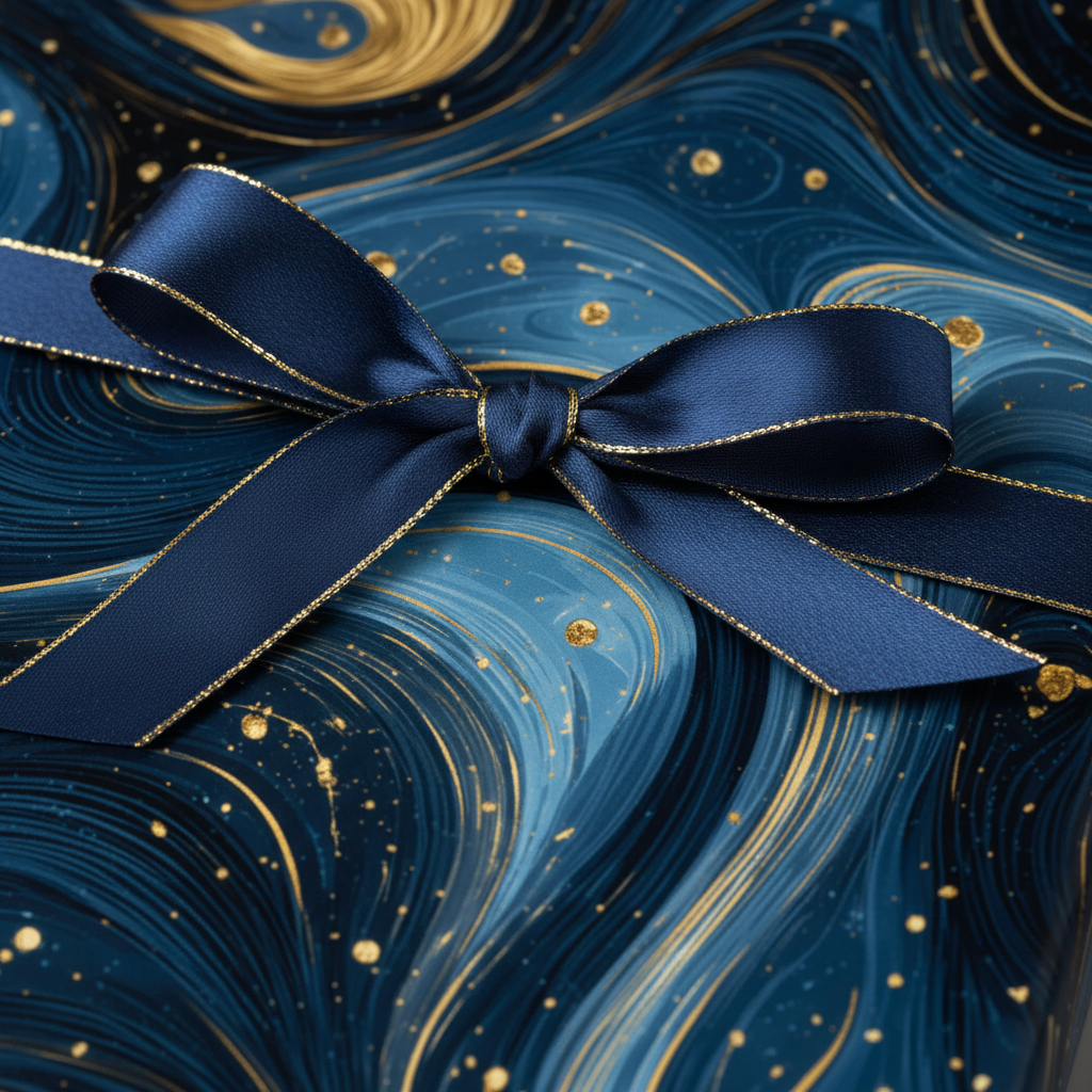 Elegant gift wrapped in blue and gold marble wrapping paper with a navy blue ribbon.