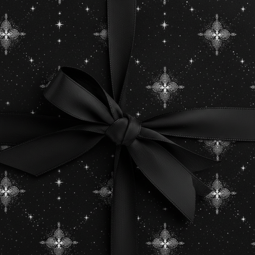 Elegant black gift box wrapped in luxury star-patterned wrapping paper with a satin ribbon.