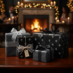Elegant black and silver Christmas gift wrap with ribbons against a fireplace backdrop.