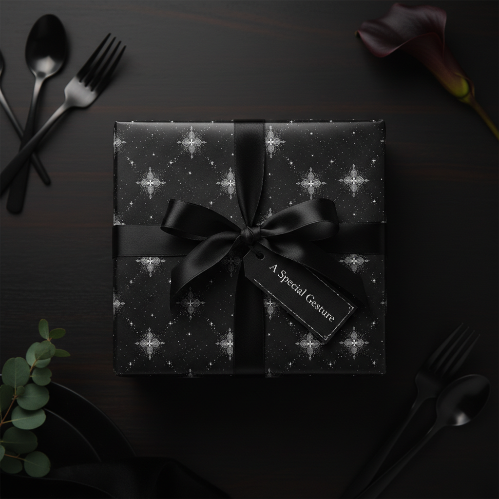 Elegant black gift wrap with silver floral design, tied with a satin ribbon and a "Special Gesture" tag.