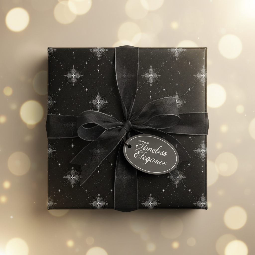 Elegant black gift wrap with silver floral pattern and satin ribbon bow for luxury presents.