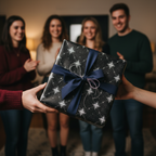Hands exchanging a gift wrapped in black star-patterned wrapping paper with a navy blue ribbon.