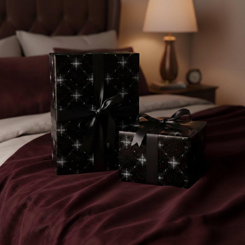 Two gifts wrapped in black starburst wrapping paper with black ribbon, placed on a bed.