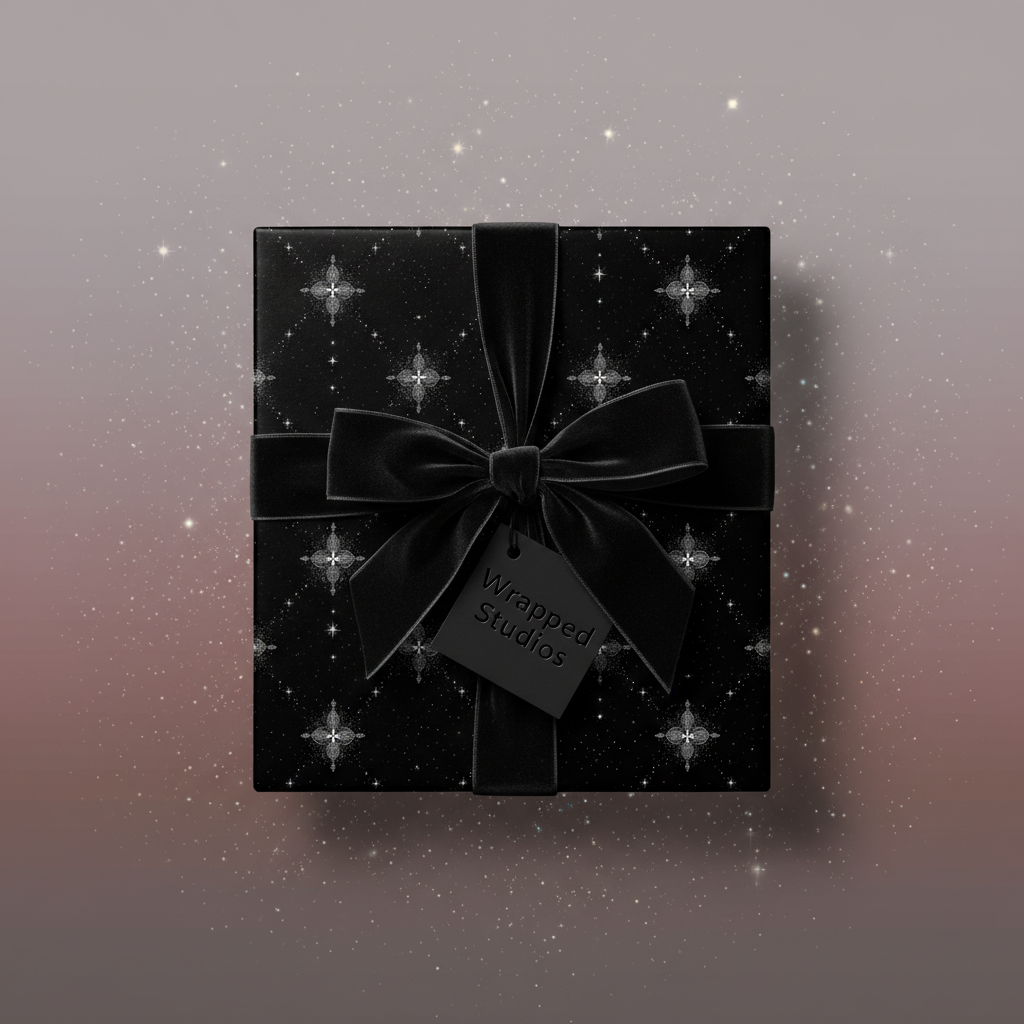 Elegant black gift box with starburst pattern wrapping paper and velvet ribbon, ideal for sophisticated presents.