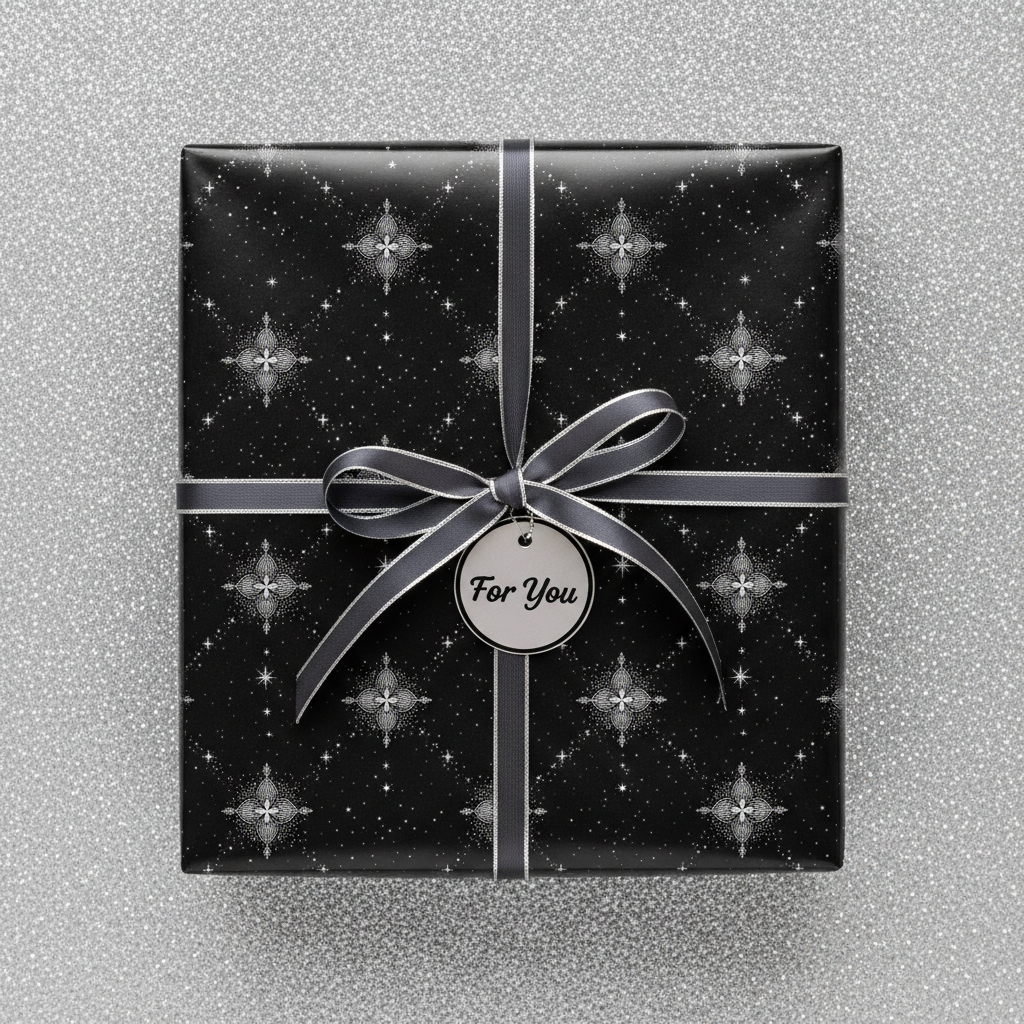 Elegant black gift box wrapped in starburst-patterned wrapping paper with a silver ribbon and "For You" tag.
