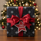 Elegant black Christmas gift wrap with silver celestial pattern, tied with a red satin bow and a glittery star-shaped tag.