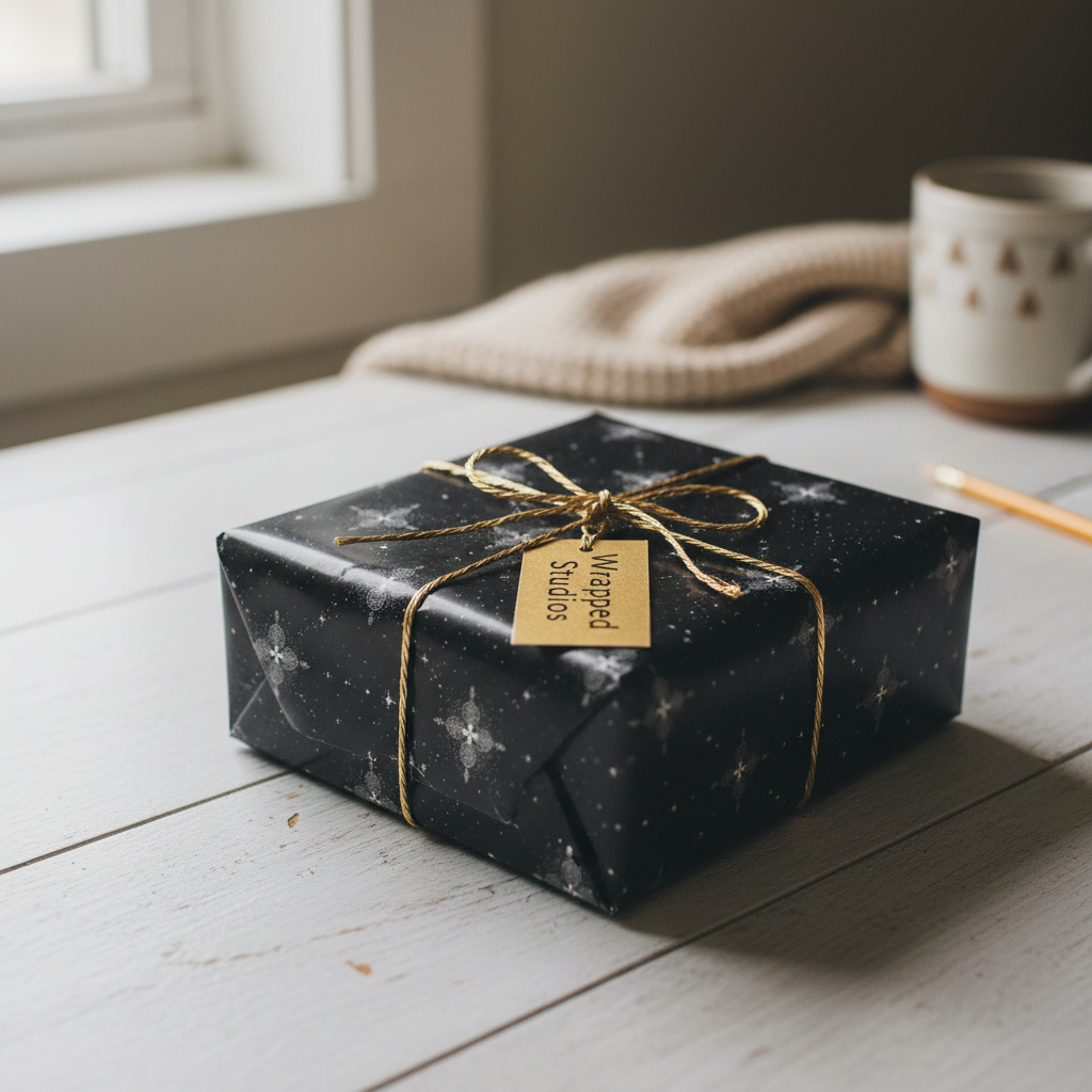 Black floral wrapping paper with gold twine on a square gift box.