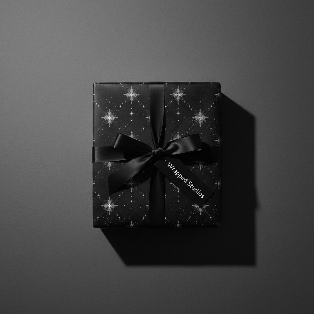 Elegant black gift box wrapped in celestial star patterned paper with a satin ribbon and bow.