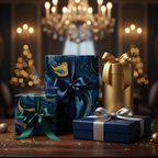 Elegant Christmas gifts wrapped in blue & gold luxury wrapping paper with satin bows on a wood table.