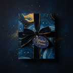 Elegant gift wrapped in blue and gold swirling paper, tied with a velvet ribbon and "Celestial Dreams" tag.