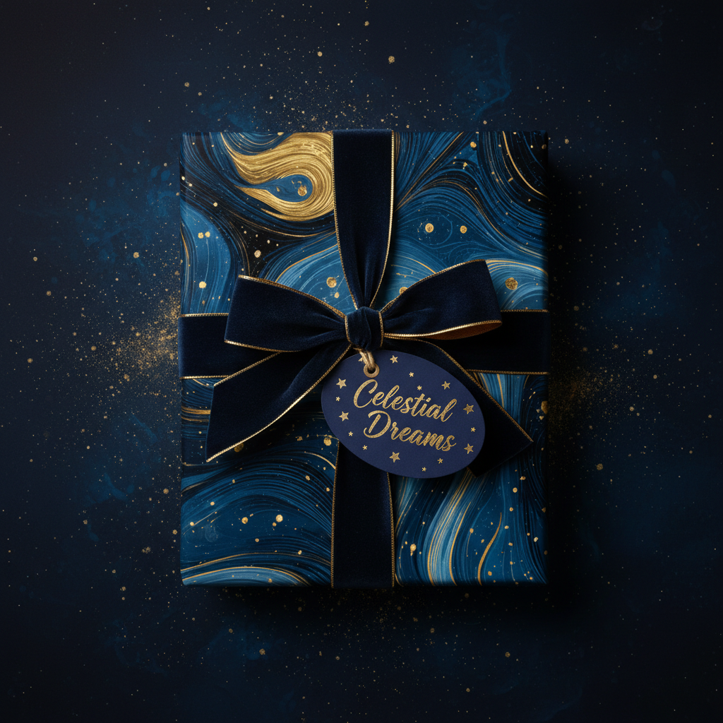 Elegant gift wrapped in blue and gold swirling paper, tied with a velvet ribbon and "Celestial Dreams" tag.