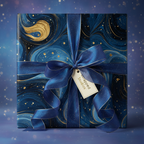 Elegant gift wrapped in navy and gold swirl paper with a satin ribbon and bow.