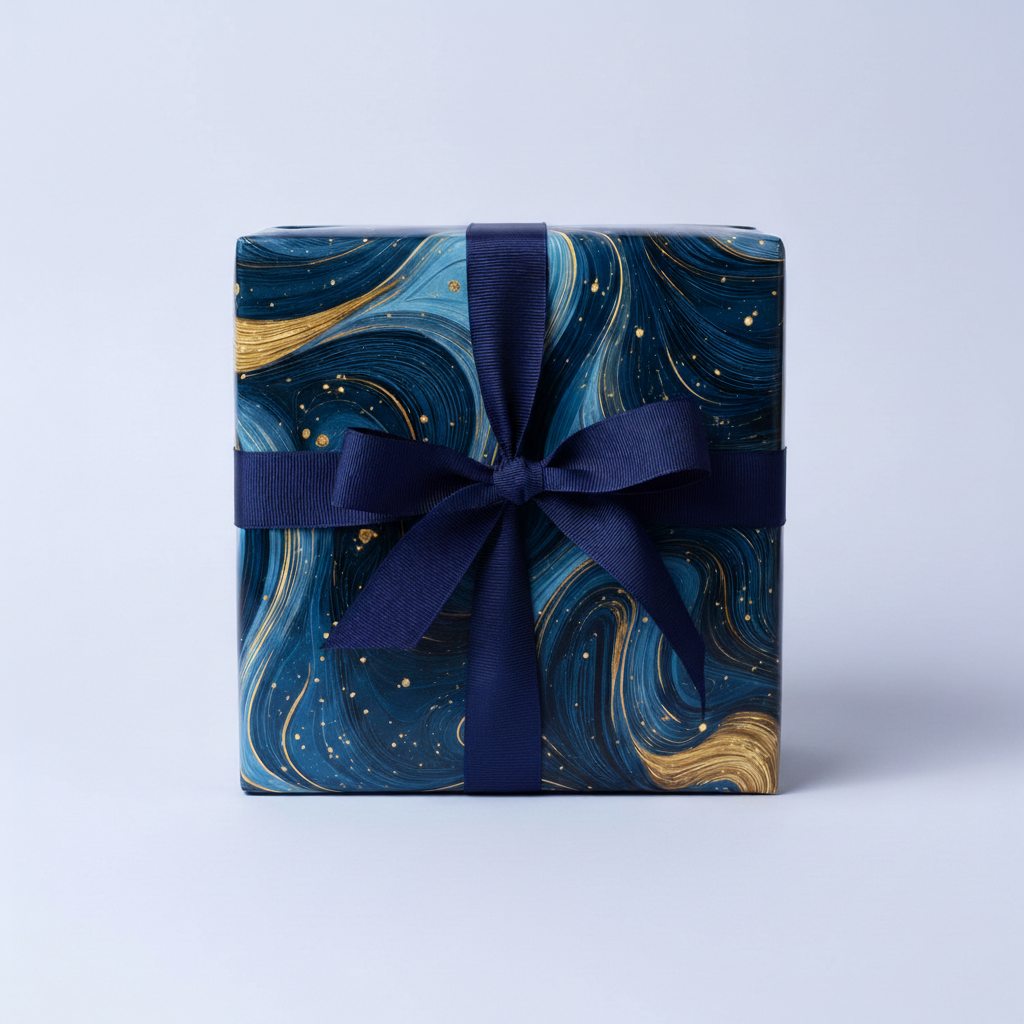 Elegant gift box wrapped in blue and gold marble pattern paper with a dark blue ribbon.