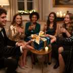 Elegant blue marble wrapping paper with gold ribbon, perfect for luxury Christmas gift wrap or birthday presents.