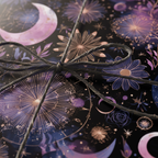 Elegant floral wrapping paper featuring celestial moons and stars with dark string ribbon.