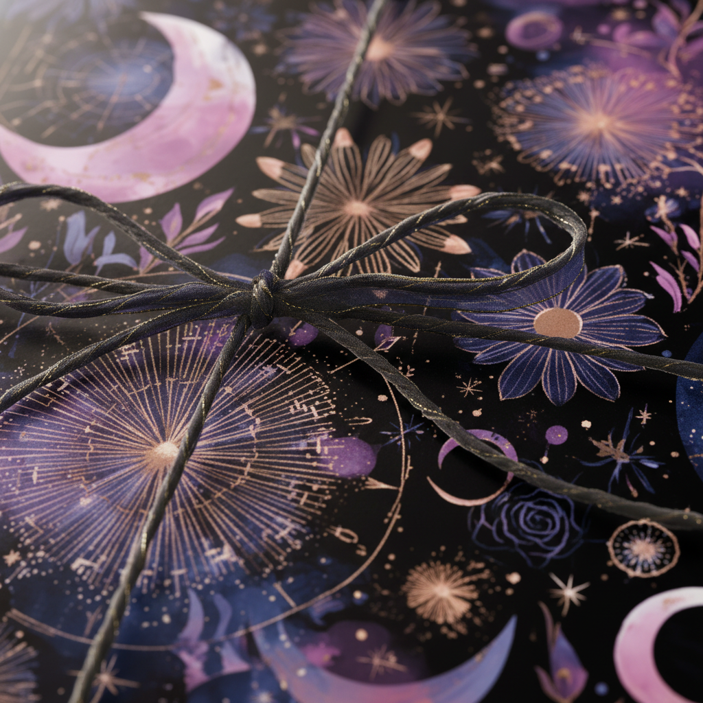 Elegant floral wrapping paper featuring celestial moons and stars with dark string ribbon.