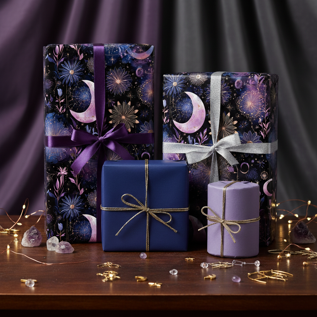 Elegant gifts wrapped in luxury moon & floral wrapping paper with purple and silver ribbons.
