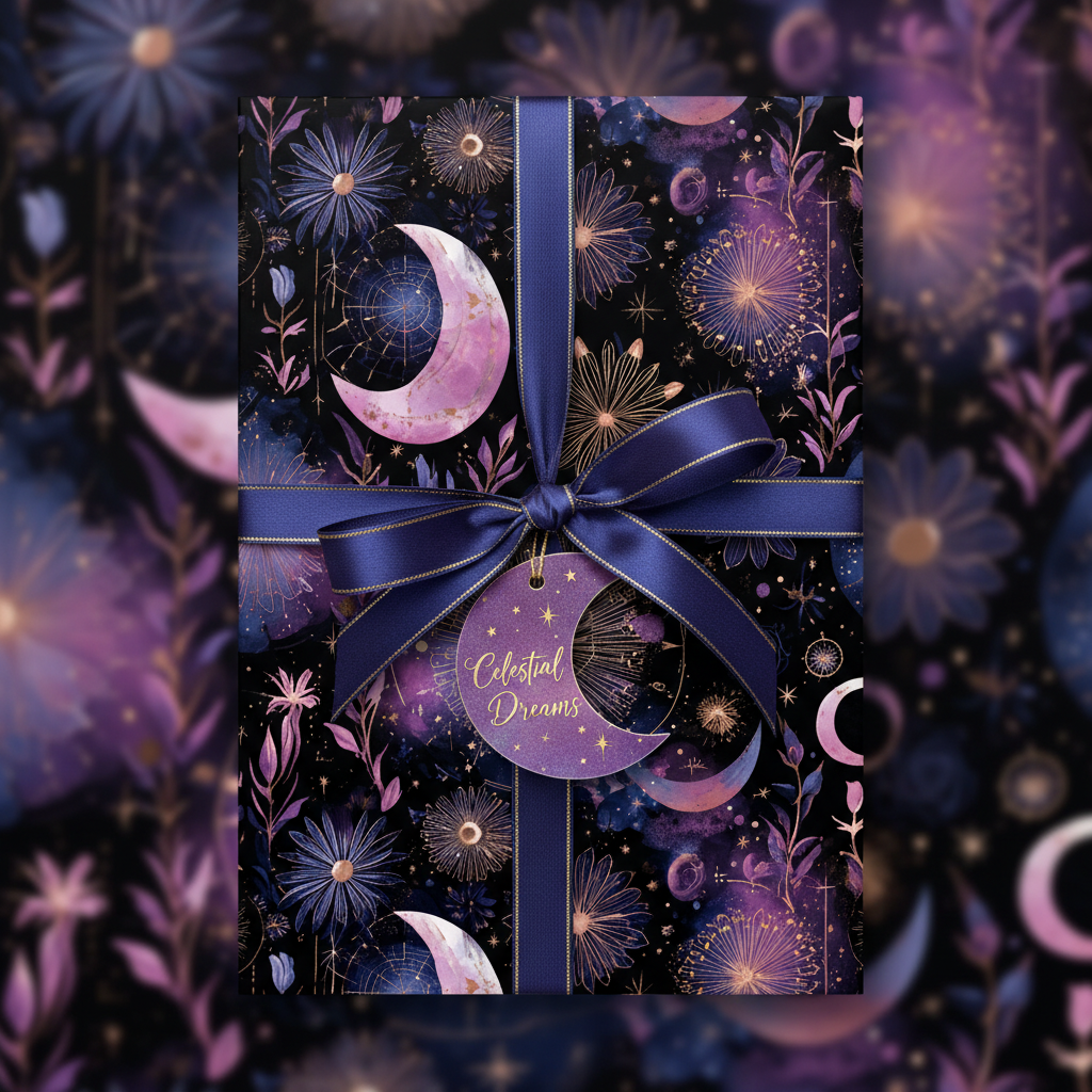 Elegant gift wrapped in celestial-themed wrapping paper with moons, stars, and a navy ribbon.