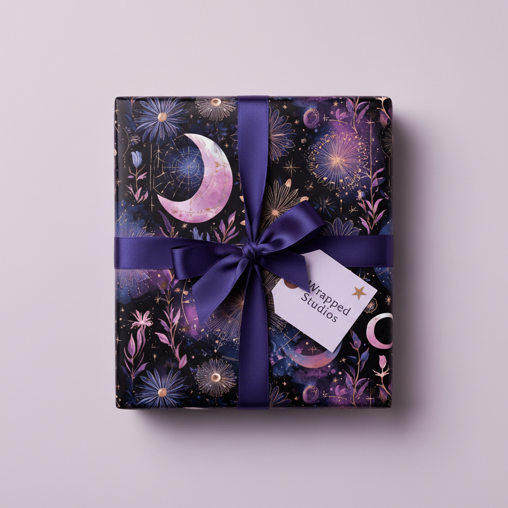 Square gift wrapped in celestial-themed birthday wrapping paper with a dark purple ribbon and tag.
