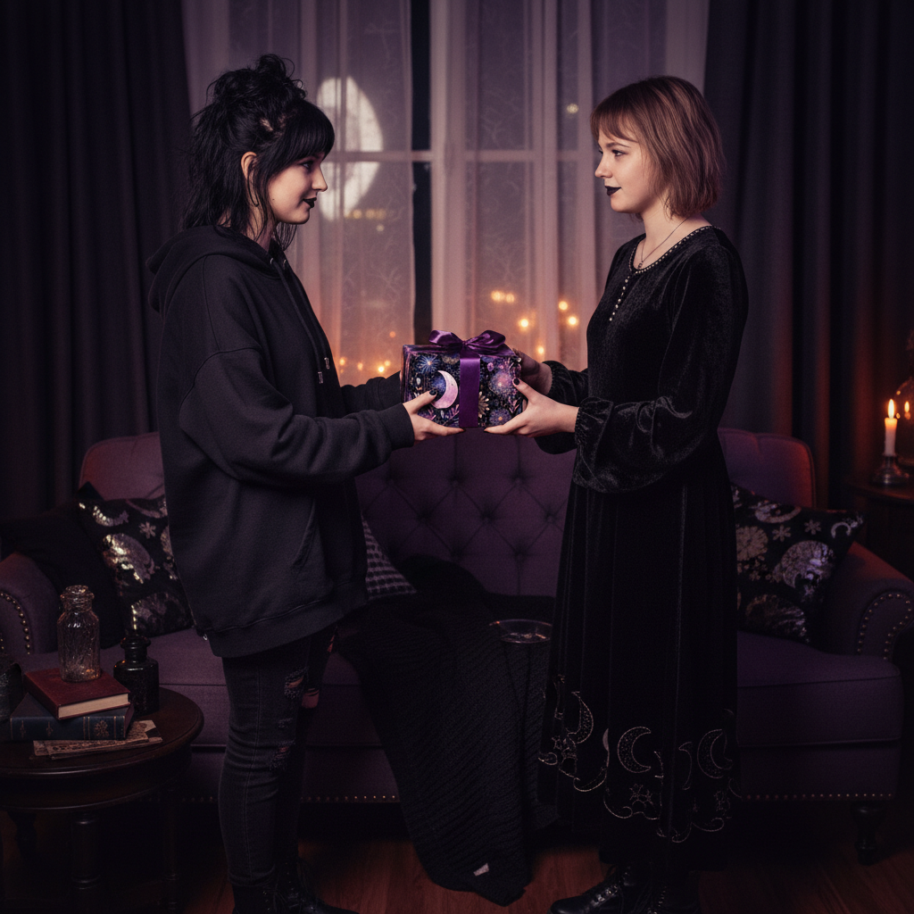 Two women exchanging a gift wrapped in dark floral wrapping paper with a purple ribbon.