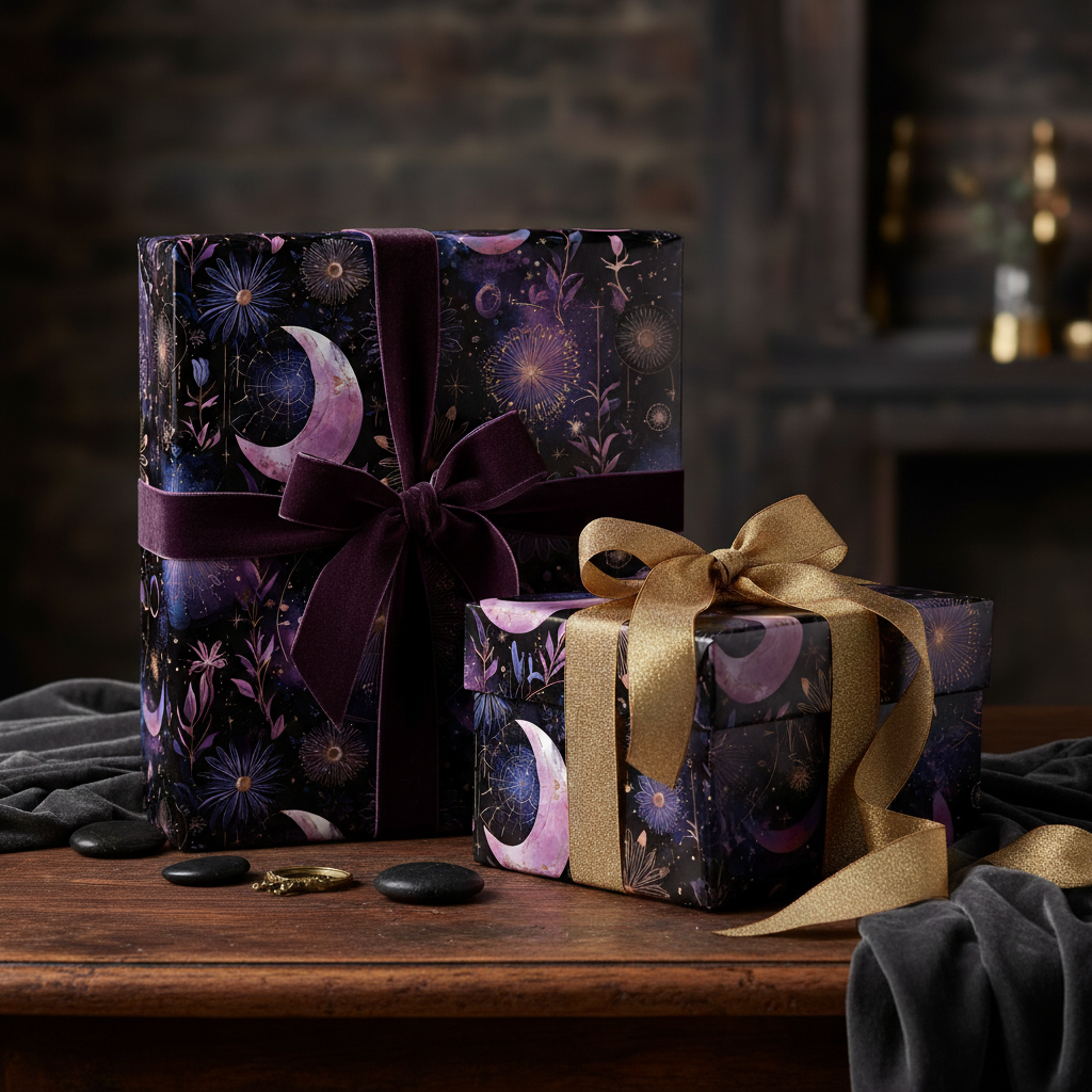 Elegant gifts wrapped in celestial floral wrapping paper with velvet and gold ribbon on a wooden table.