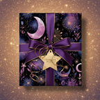 Elegant floral wrapping paper with crescent moon pattern, purple ribbon, and gold accents for special occasions.