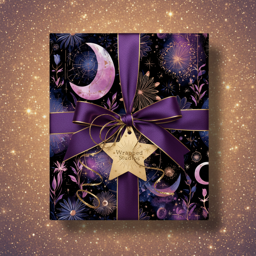 Elegant floral wrapping paper with crescent moon pattern, purple ribbon, and gold accents for special occasions.